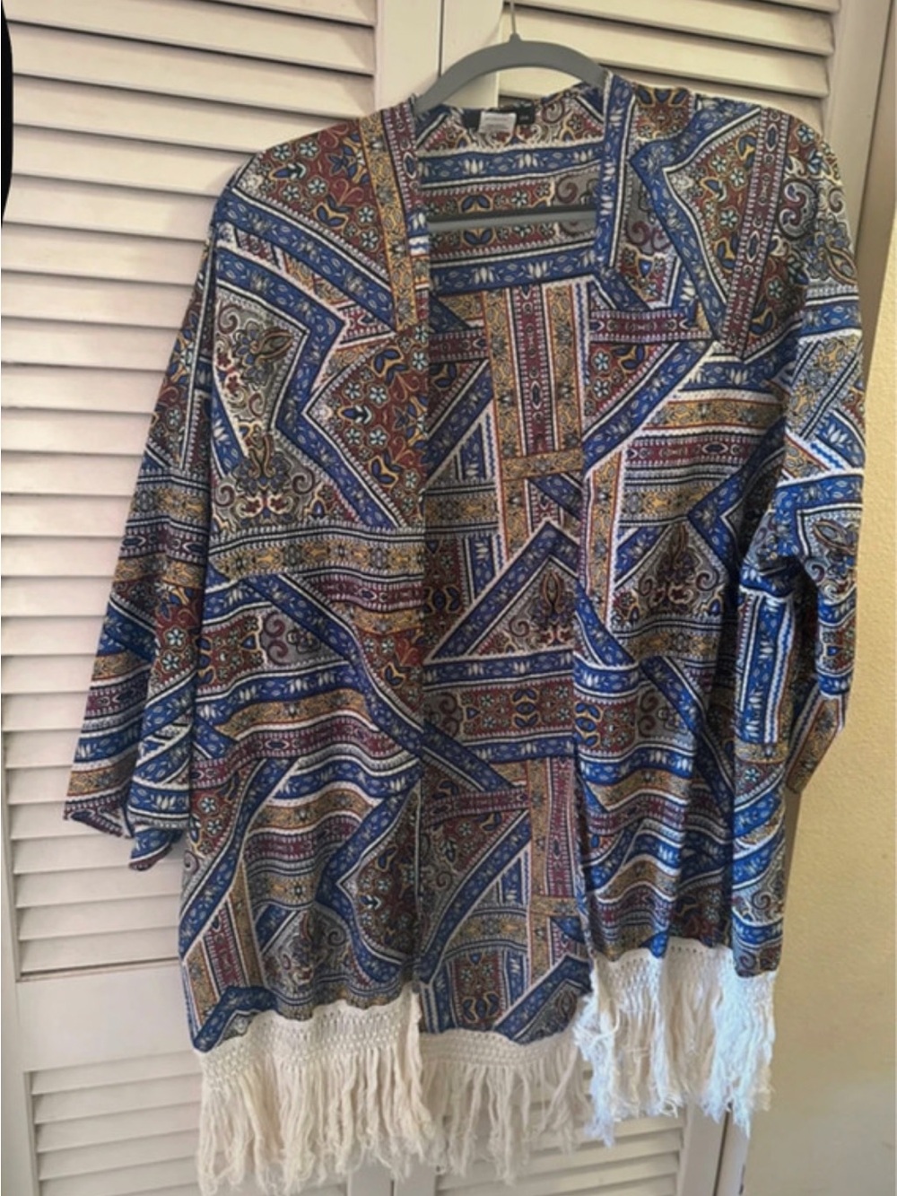 Ing Multicolor Bohemian Fringe Kimono Jacket in Blue & White